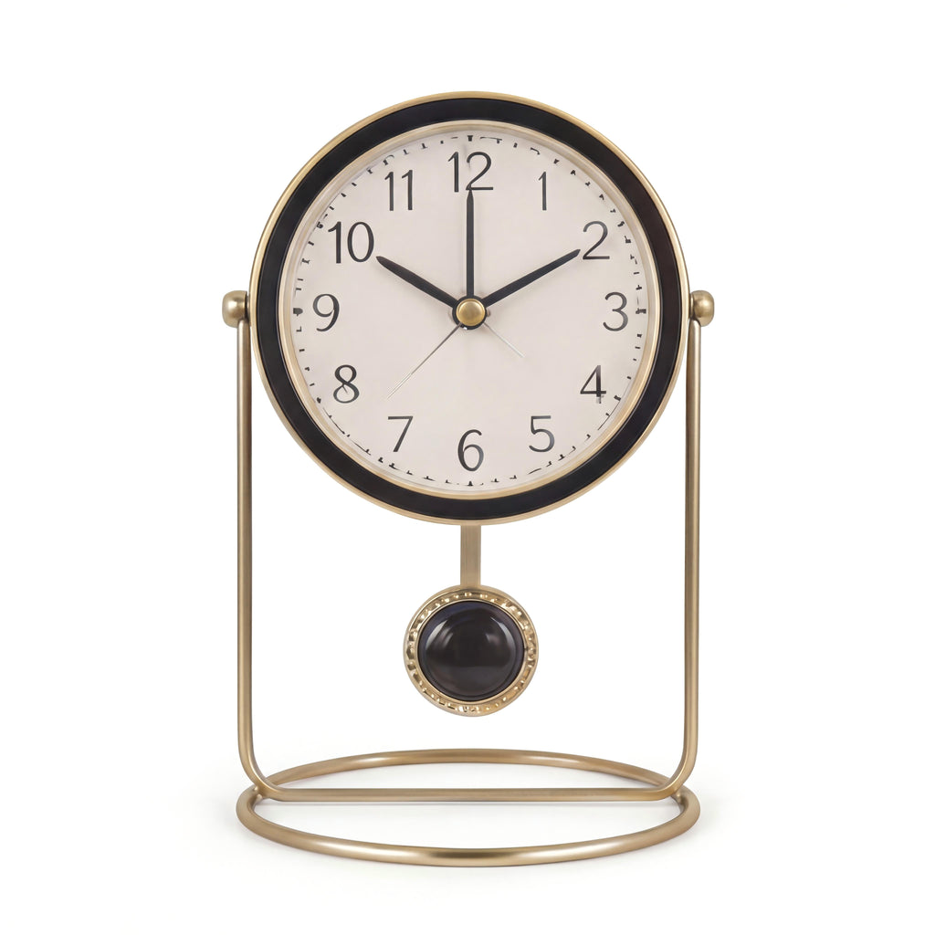 Elegant Desk Clock with Brass Stand and Black Accents