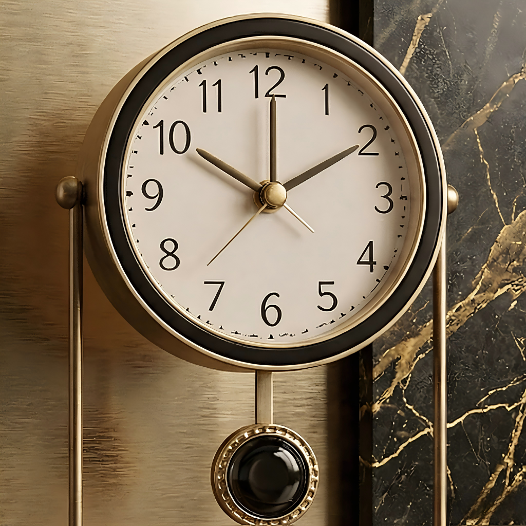 Elegant Desk Clock with Brass Stand and Black Accents