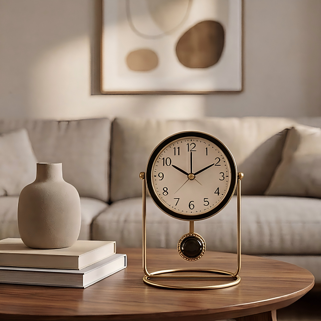 Elegant Desk Clock with Brass Stand and Black Accents