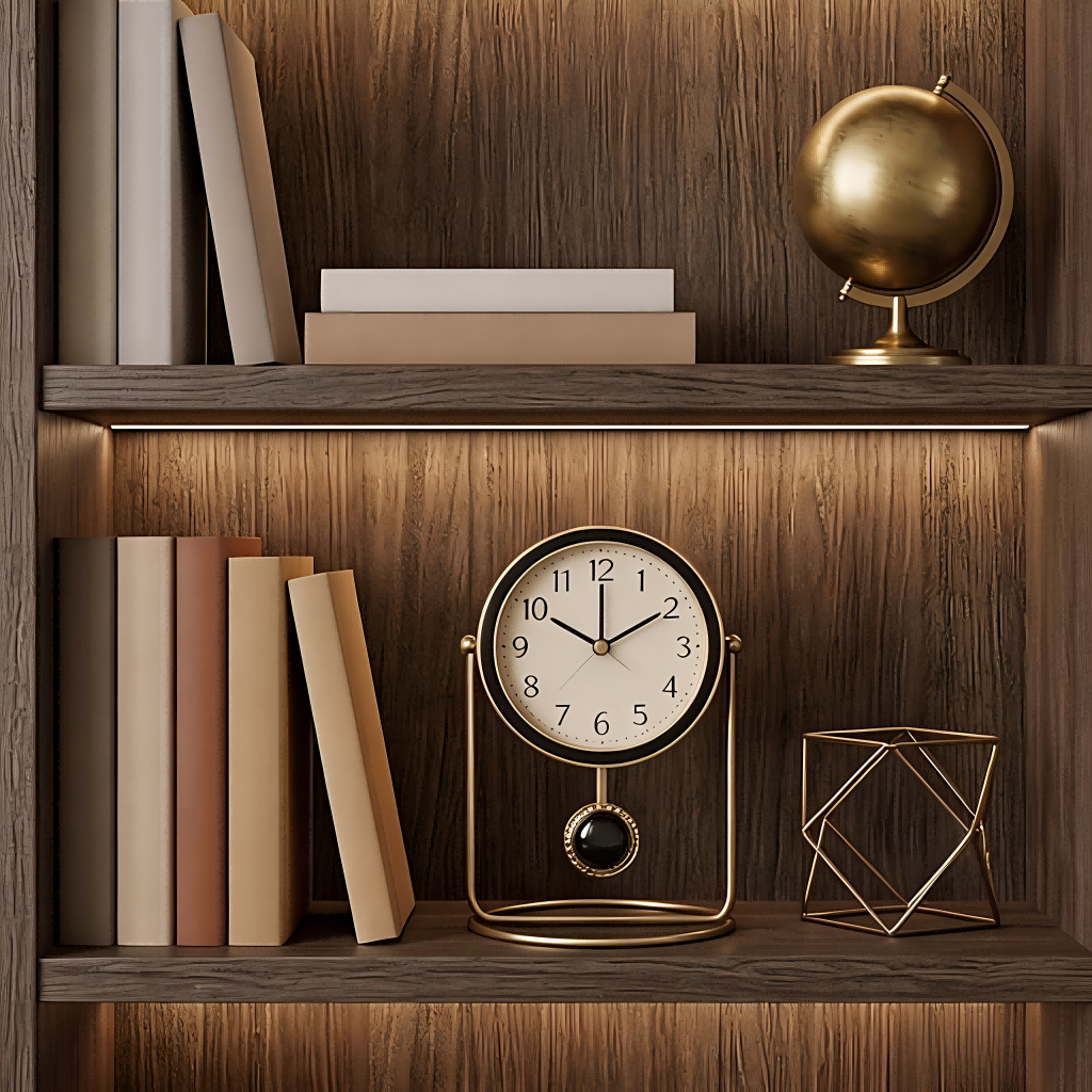 Elegant Desk Clock with Brass Stand and Black Accents