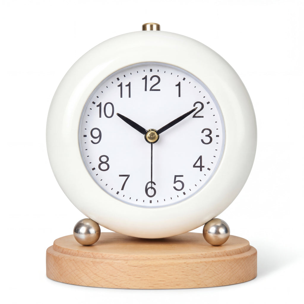 Modern Round Desk Clock with Wooden Base