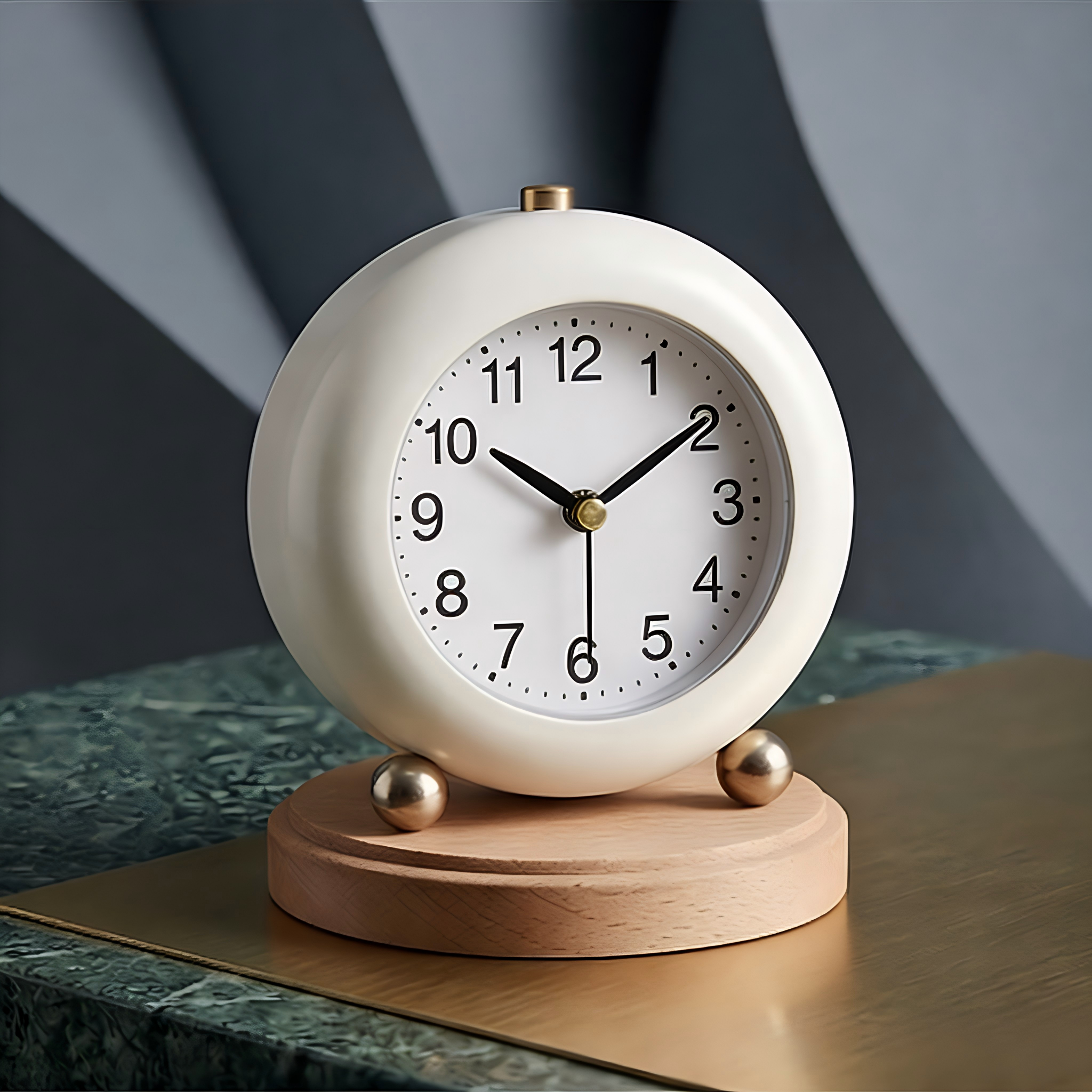 Modern Round Desk Clock with Wooden Base