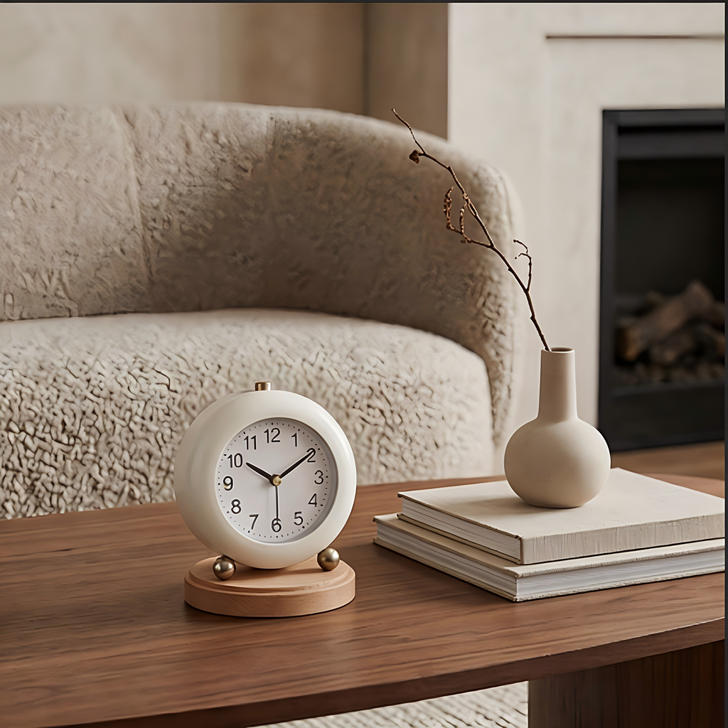 Modern Round Desk Clock with Wooden Base