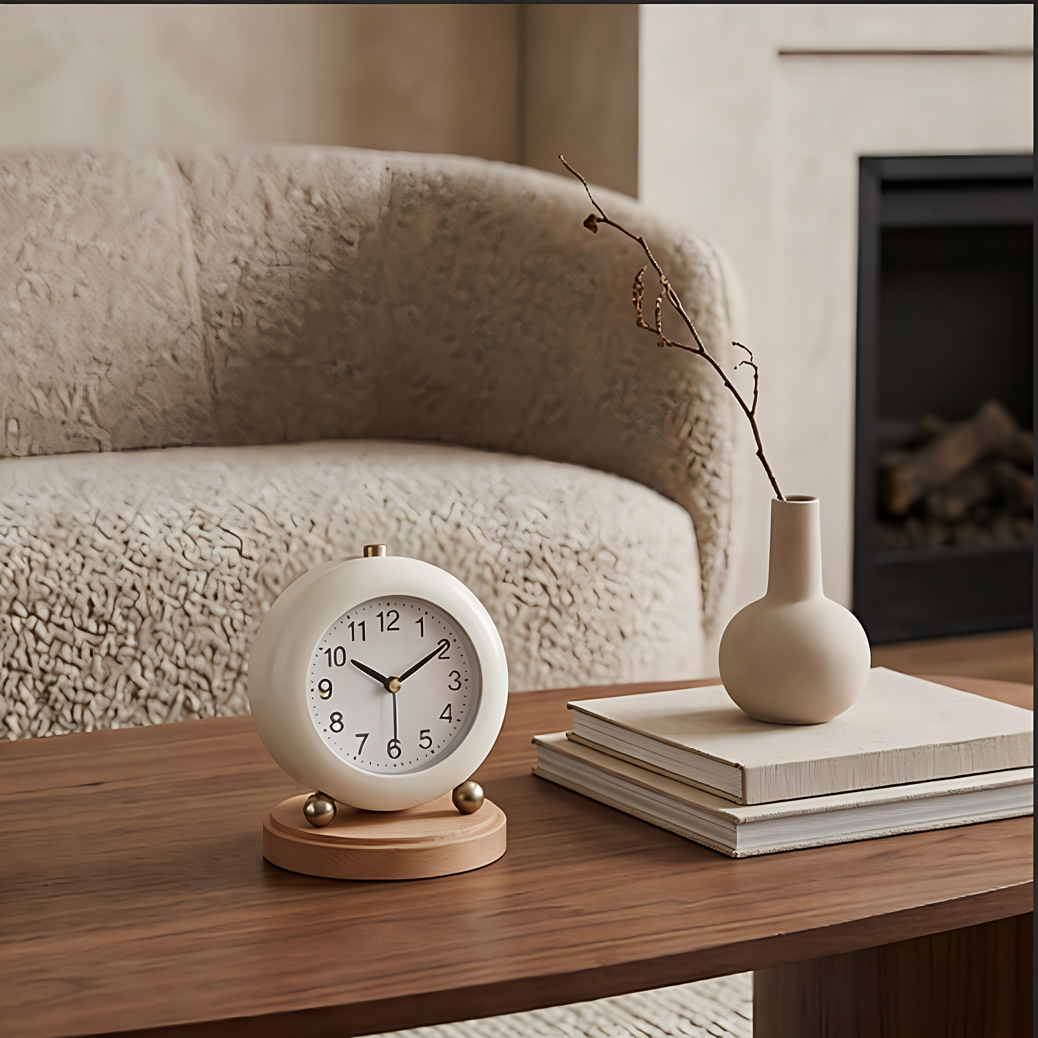 Modern Round Desk Clock with Wooden Base