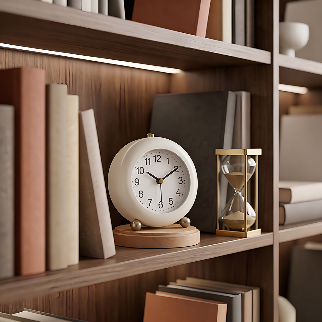 Modern Round Desk Clock with Wooden Base