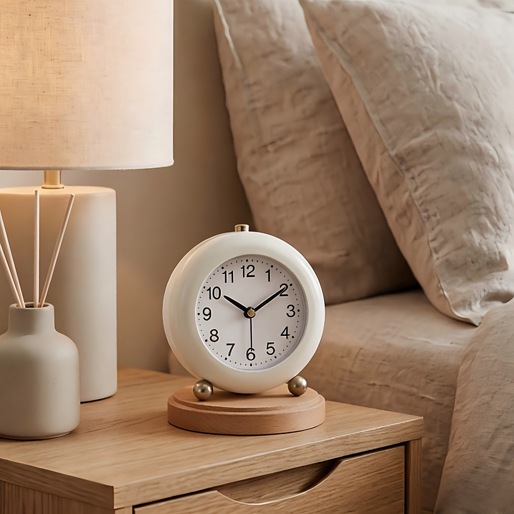 Modern Round Desk Clock with Wooden Base