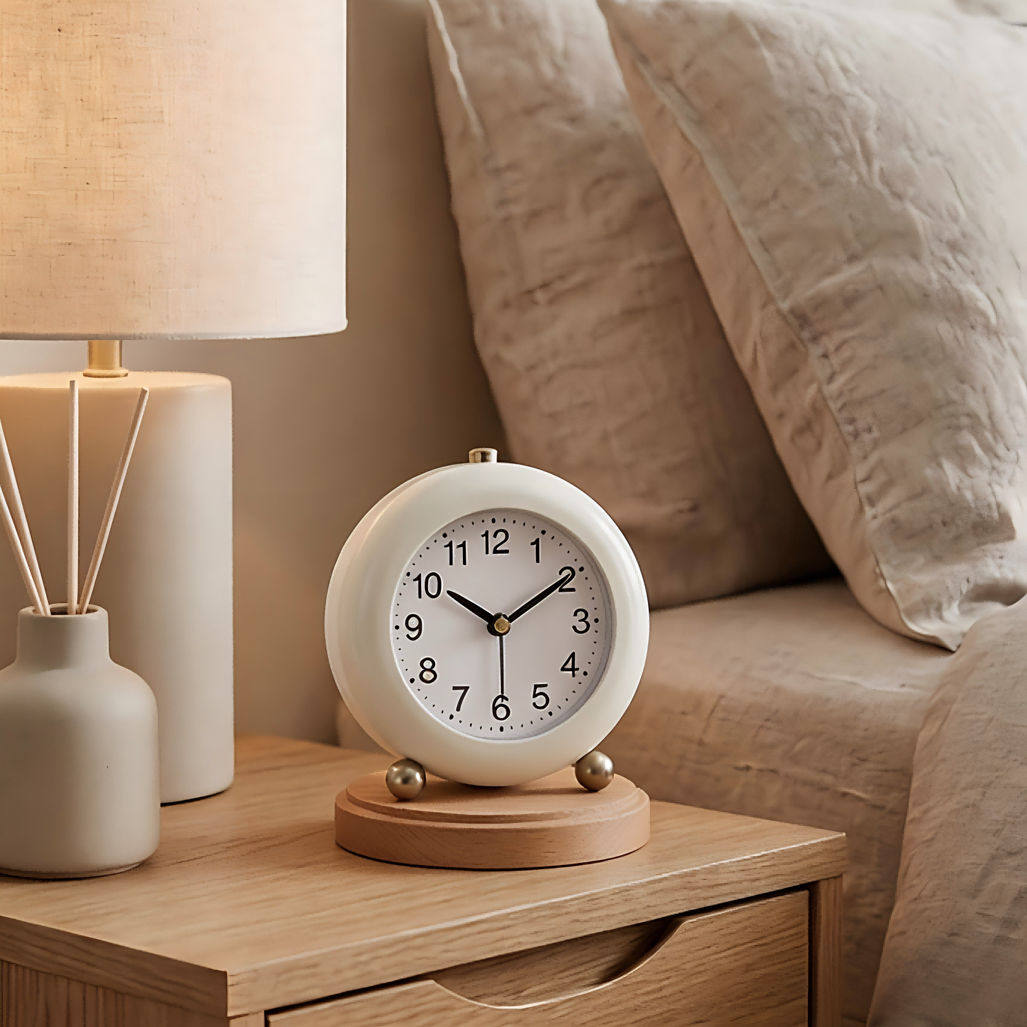 Modern Round Desk Clock with Wooden Base