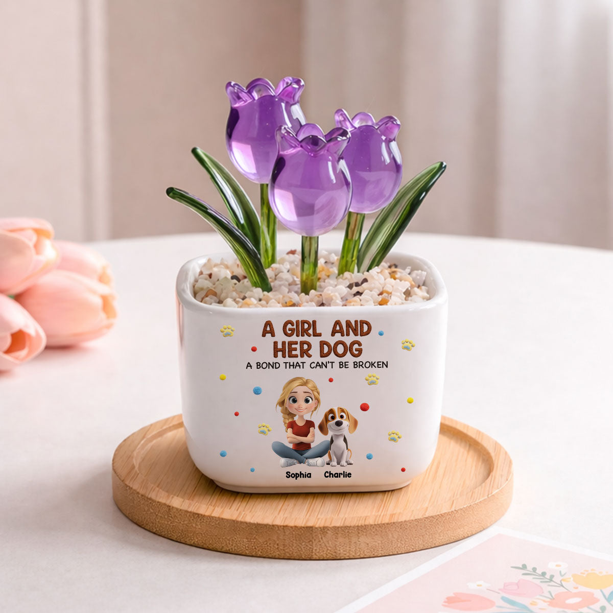 Stuffy Girl And Her Lovely Dogs - Personalized Custom 3D Effect Glass Everlasting Tulips