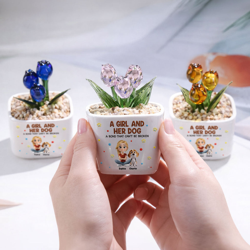 Stuffy Girl And Her Lovely Dogs - Personalized Custom 3D Effect Glass Everlasting Tulips