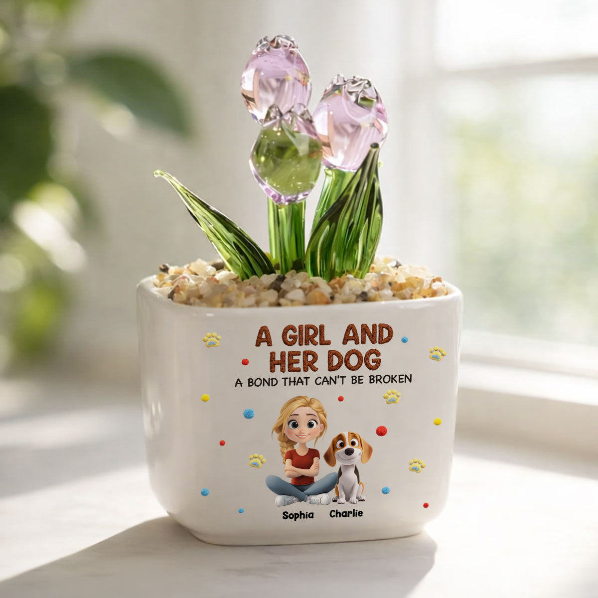 Stuffy Girl And Her Lovely Dogs - Personalized Custom 3D Effect Glass Everlasting Tulips