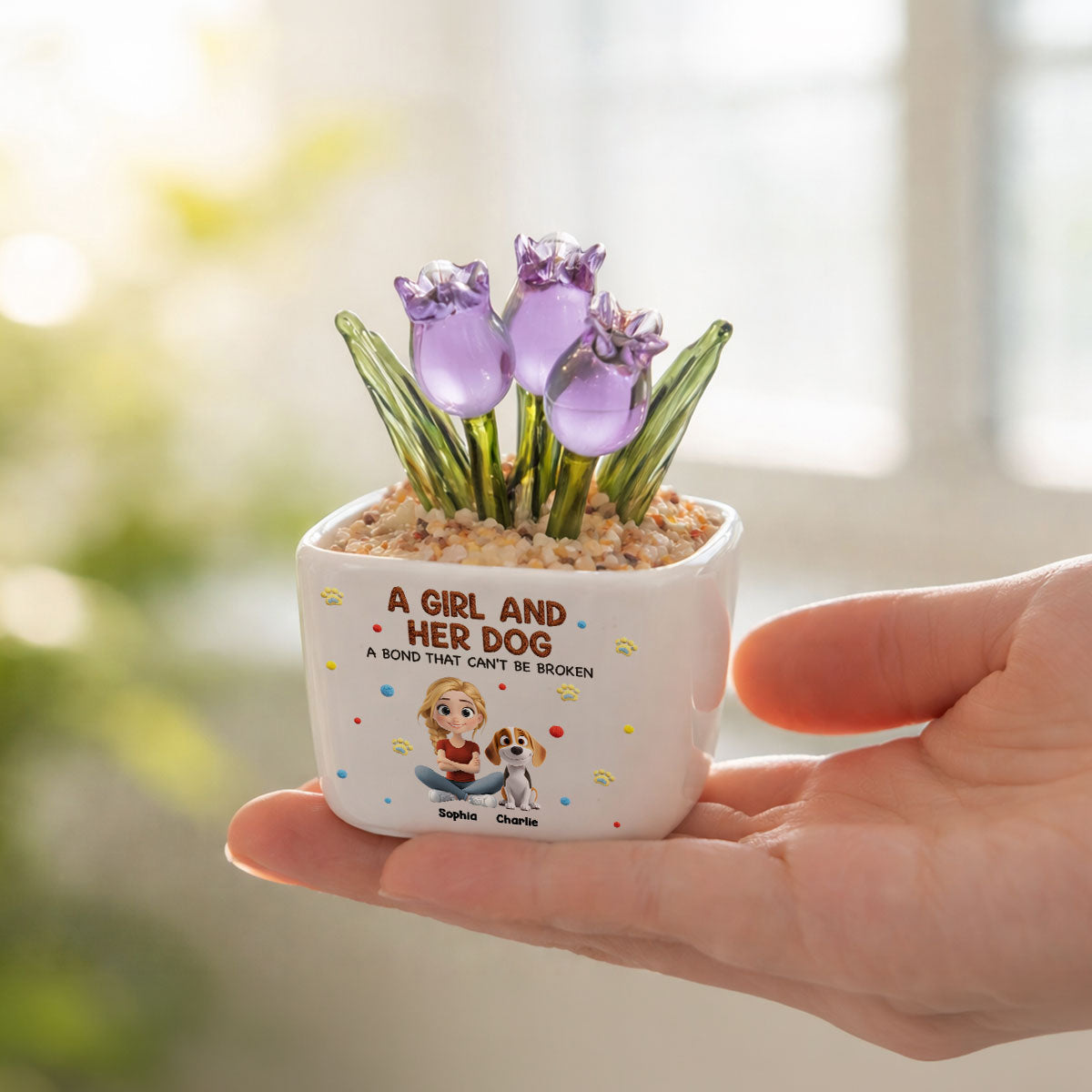 Stuffy Girl And Her Lovely Dogs - Personalized Custom 3D Effect Glass Everlasting Tulips