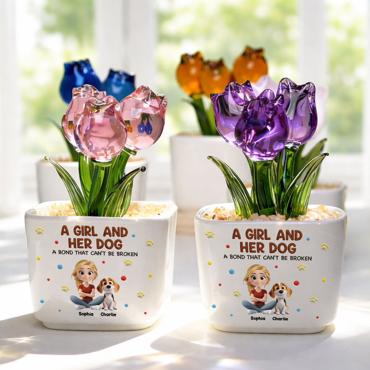 Stuffy Girl And Her Lovely Dogs - Personalized Custom 3D Effect Glass Everlasting Tulips