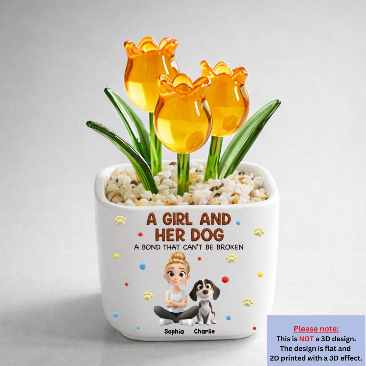 Stuffy Girl And Her Lovely Dogs - Personalized Custom 3D Effect Glass Everlasting Tulips