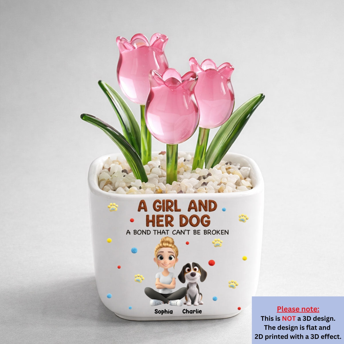 Stuffy Girl And Her Lovely Dogs - Personalized Custom 3D Effect Glass Everlasting Tulips